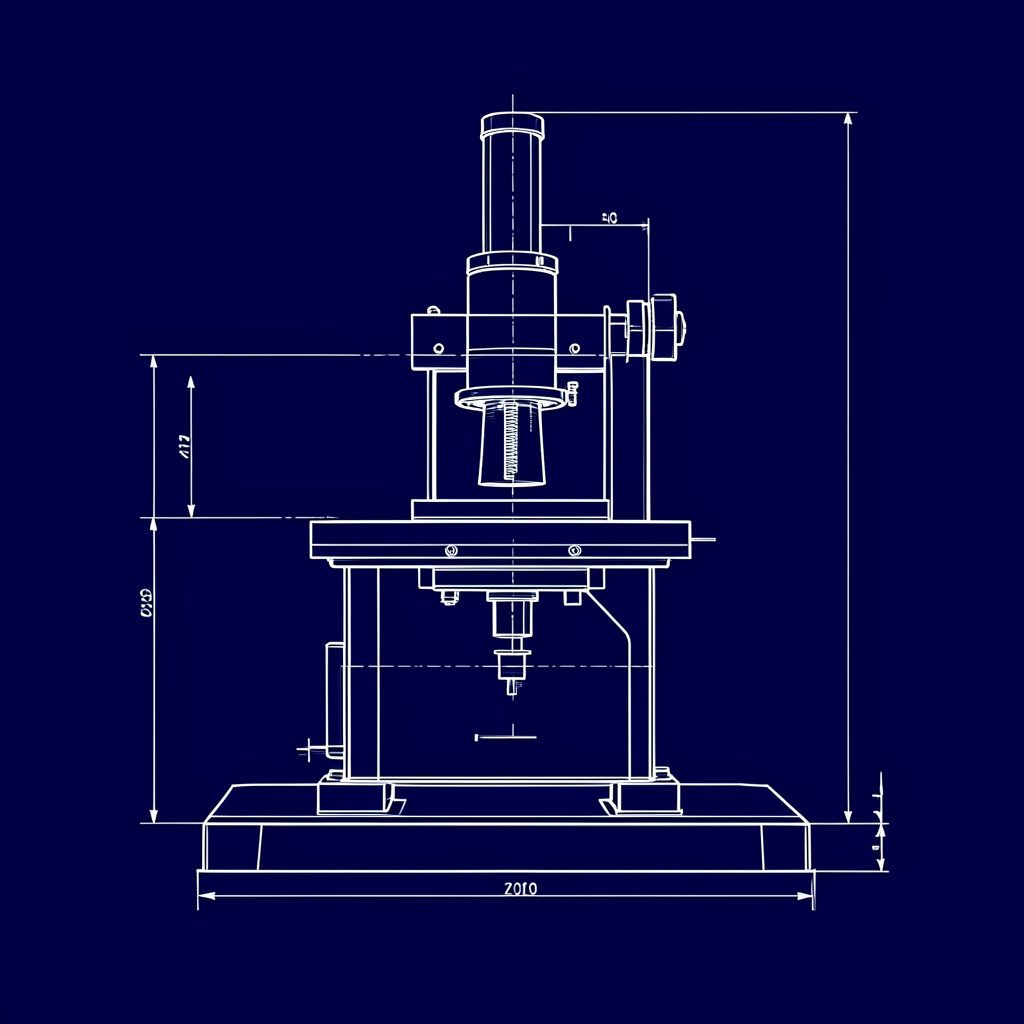 Technical blueprint-style illustration of a precision laboratory instrument, rendered in deep navy blue and white linework on a clean background