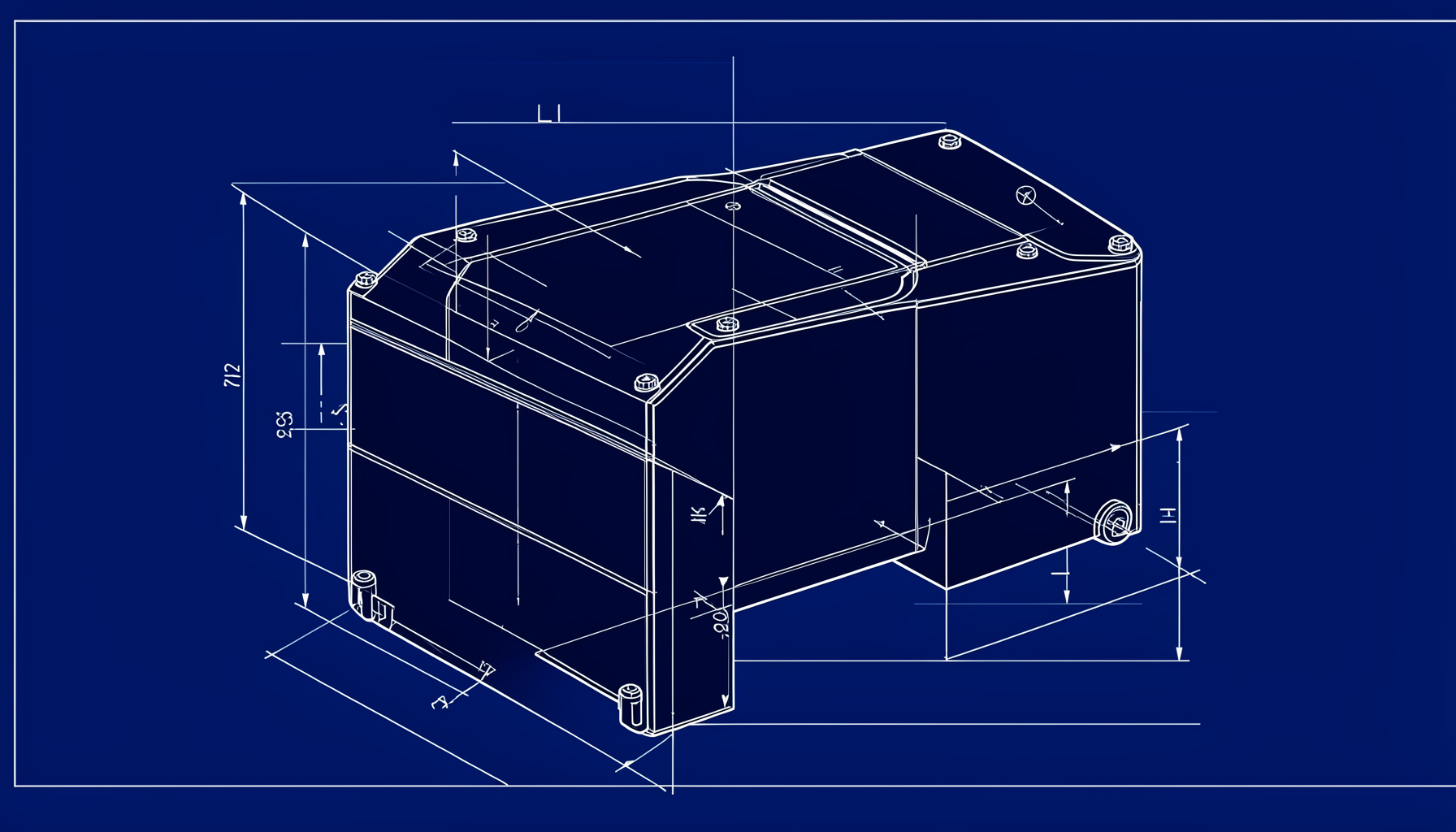 Technical blueprint drawing of a compact scientific measurement device with dark navy and silver housing