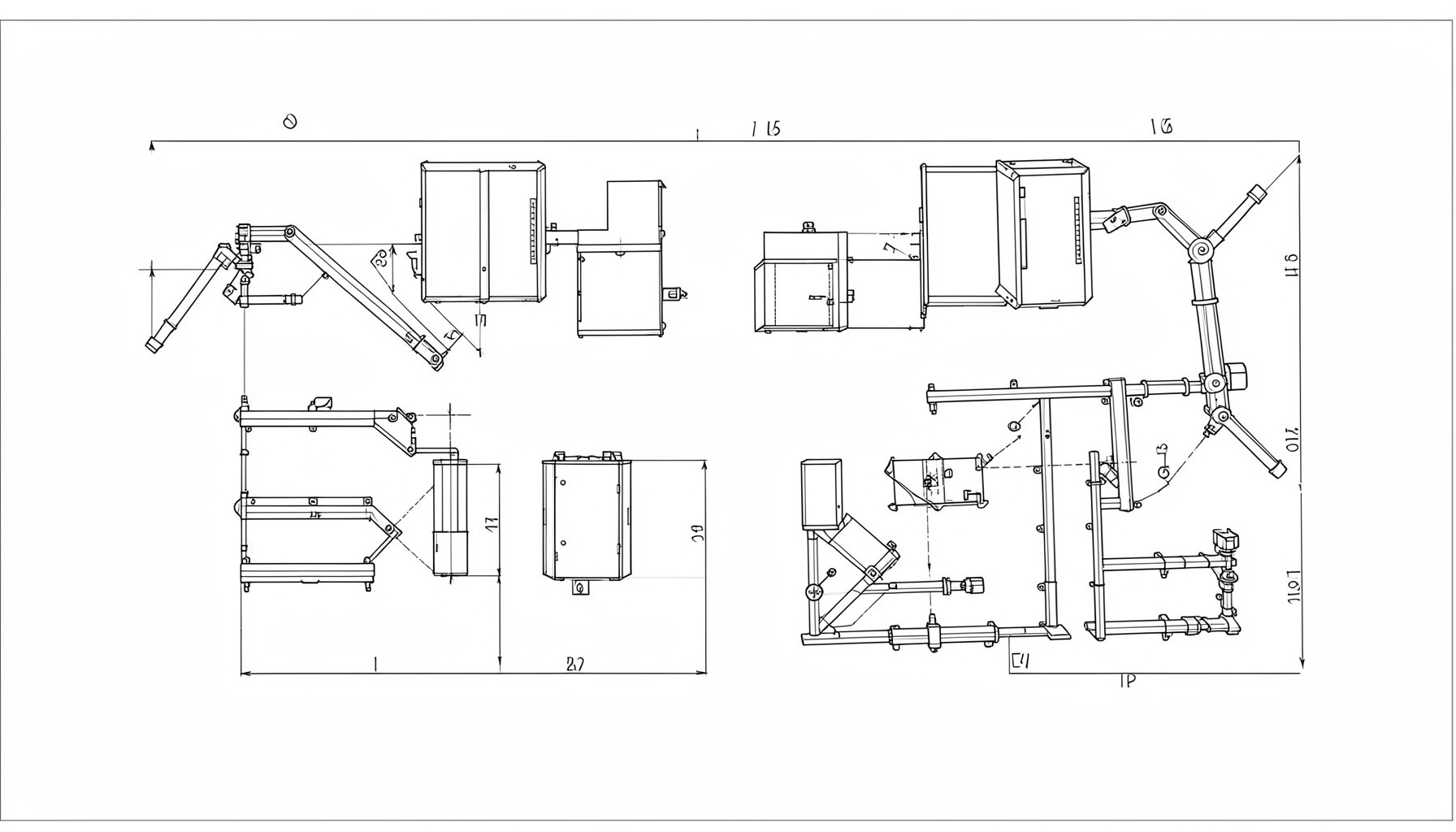 Technical blueprint drawing of modular laboratory equipment components arranged on a clean white work surface