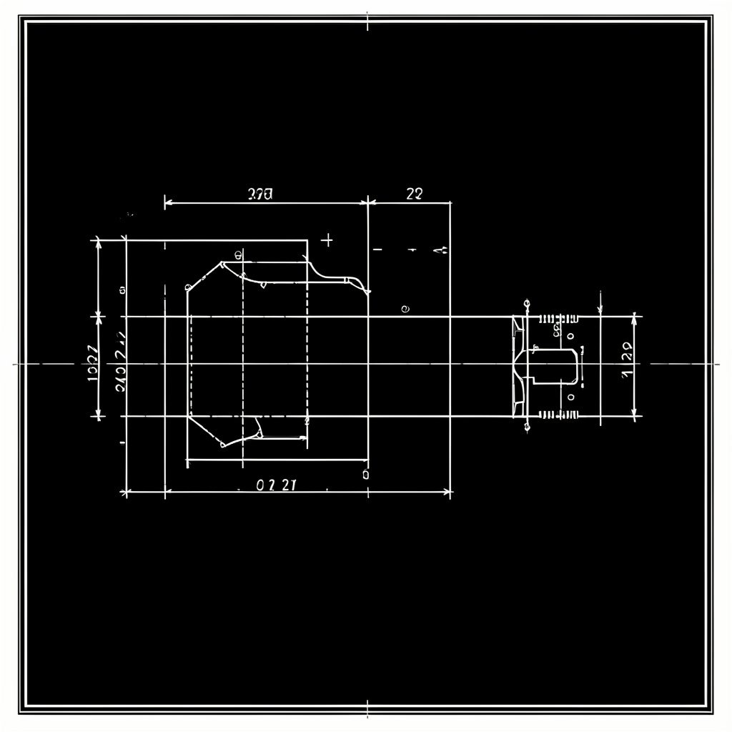 Technical blueprint style diagram of an instrument outline drawn in navy blue lines on a light gray background